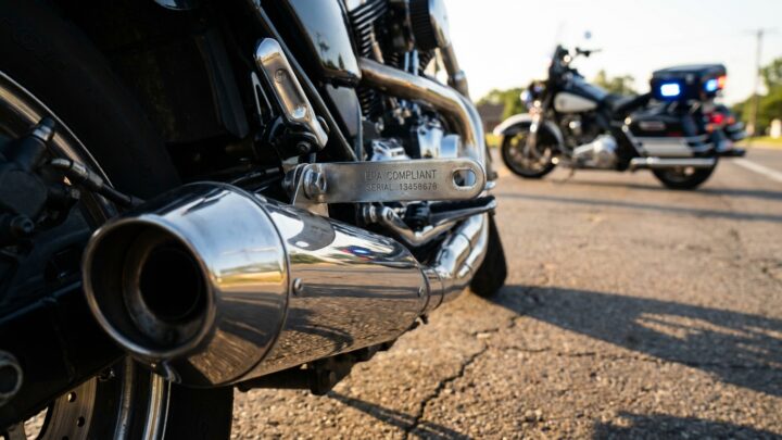 Aftermarket motorcycle exhaust system showing EPA compliance stamp with law enforcement vehicle in background