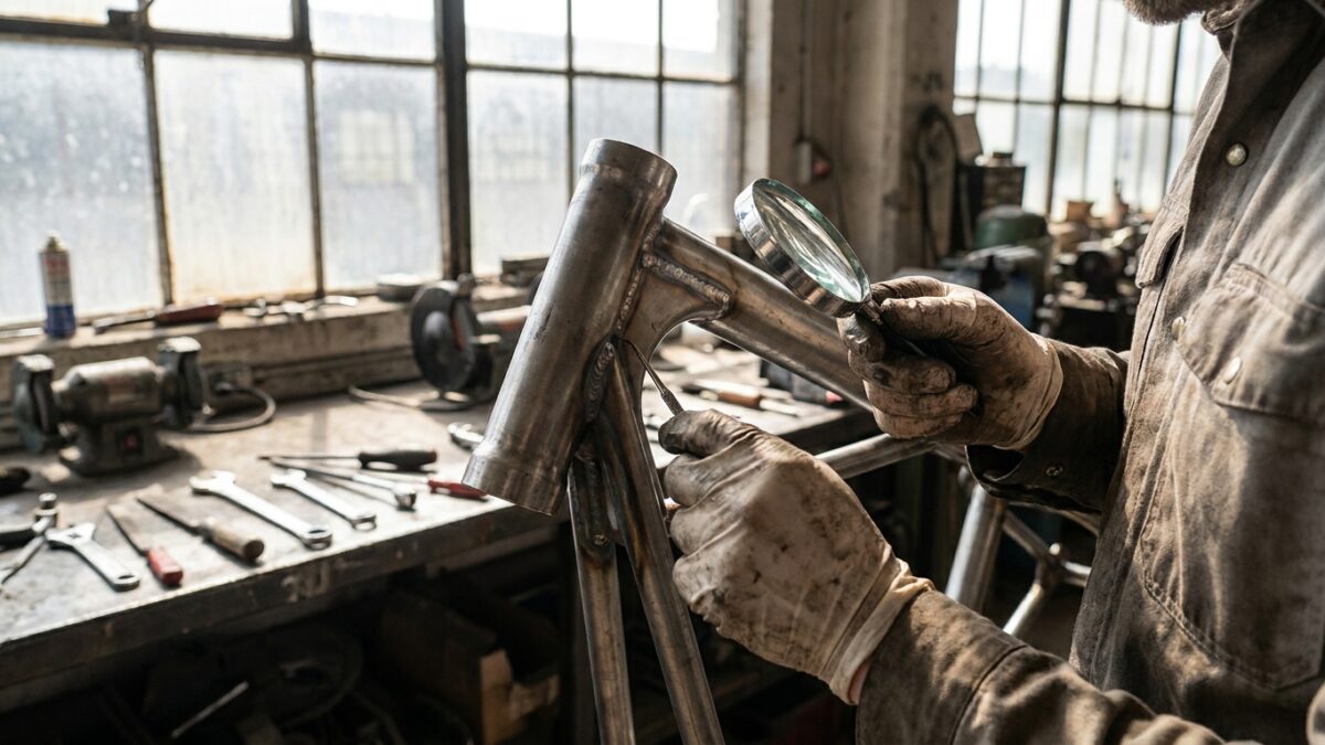 Mechanic inspecting weld quality on custom motorcycle frame during pre-purchase evaluation