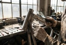 Mechanic inspecting weld quality on custom motorcycle frame during pre-purchase evaluation