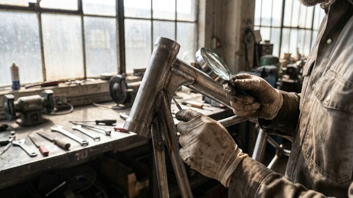 Mechanic inspecting weld quality on custom motorcycle frame during pre-purchase evaluation