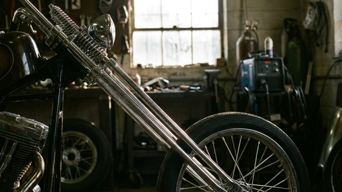 Custom chopper front end showing extended forks and steering geometry