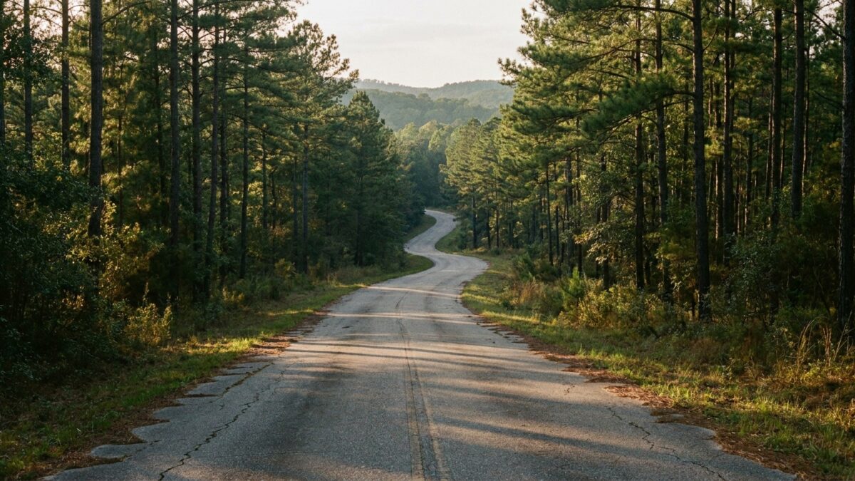 Empty rural Alabama road winding through forested landscape