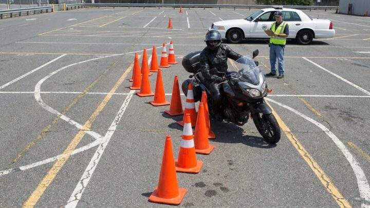 Motorcycle endorsement candidate executing cone weave during DMV road test evaluation