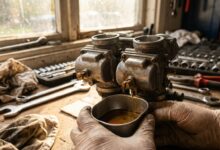 Motorcycle carburetor float bowl drainage during winter storage preparation