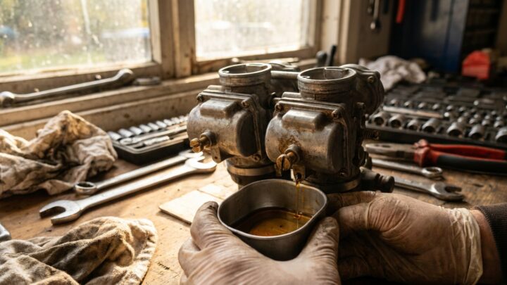 Motorcycle carburetor float bowl drainage during winter storage preparation